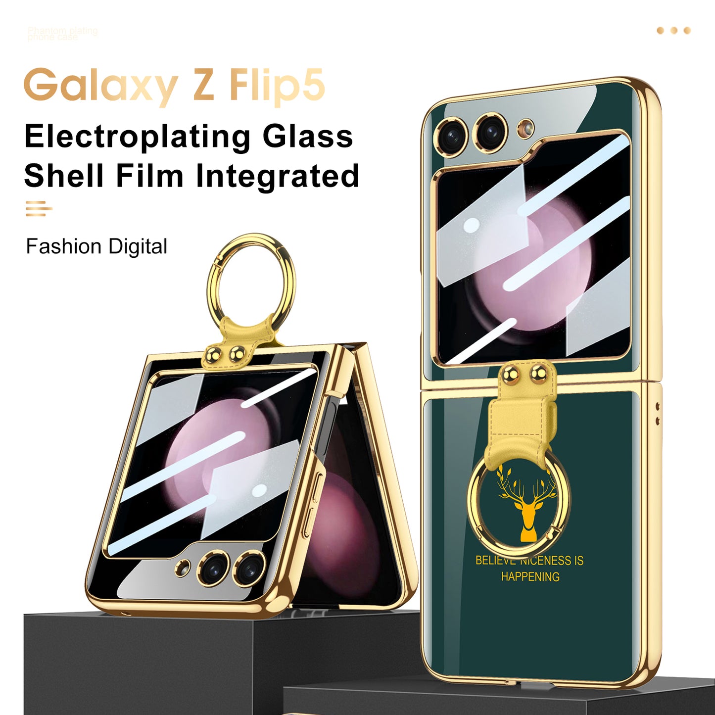 Electroplating Deer Pattern Ring Holder Drop-proof Phone Case With Back Screen Protector For Samsung Galaxy Z Flip5 - Mycasety Mycasety