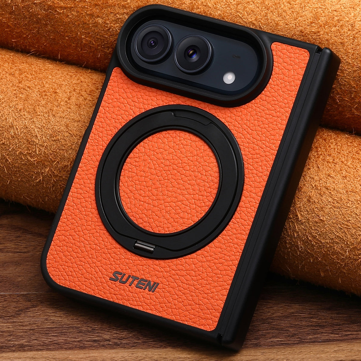 iPhone Duo | Pebbled Magnetic Leather Case with Hinge Protection & 360° Ring Stand