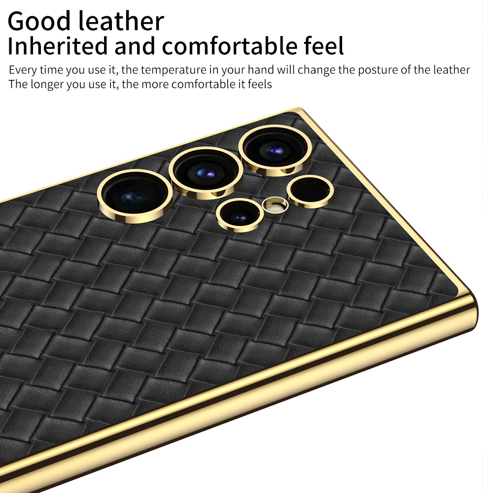 Woven Texture Electroplated Leather Phone Case For Galaxy S24 S23 Ultra Plus