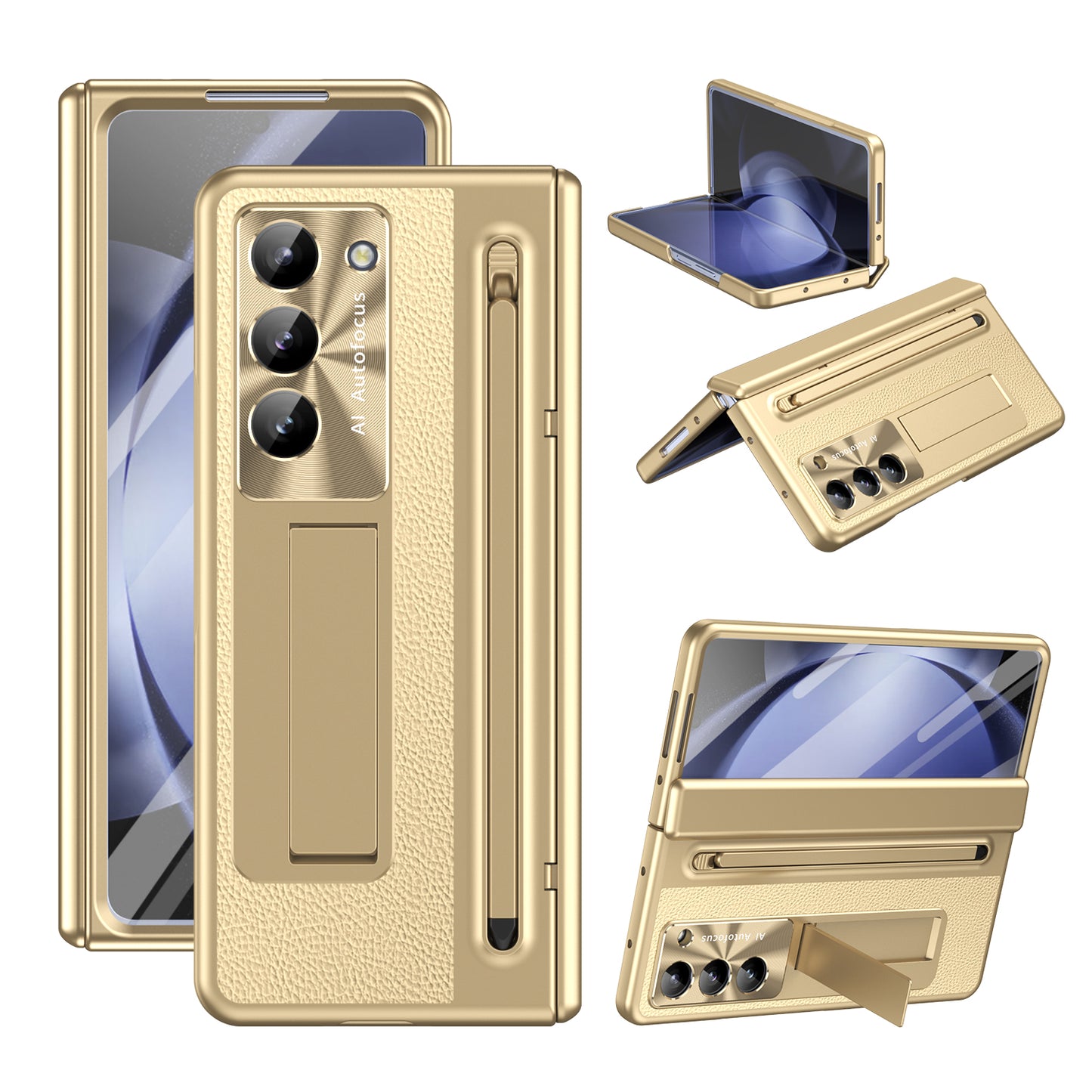 Leather Golden Electroplated Phone Case With Back Screen Glass and Stylus For Galaxy Z Fold 6/5/4