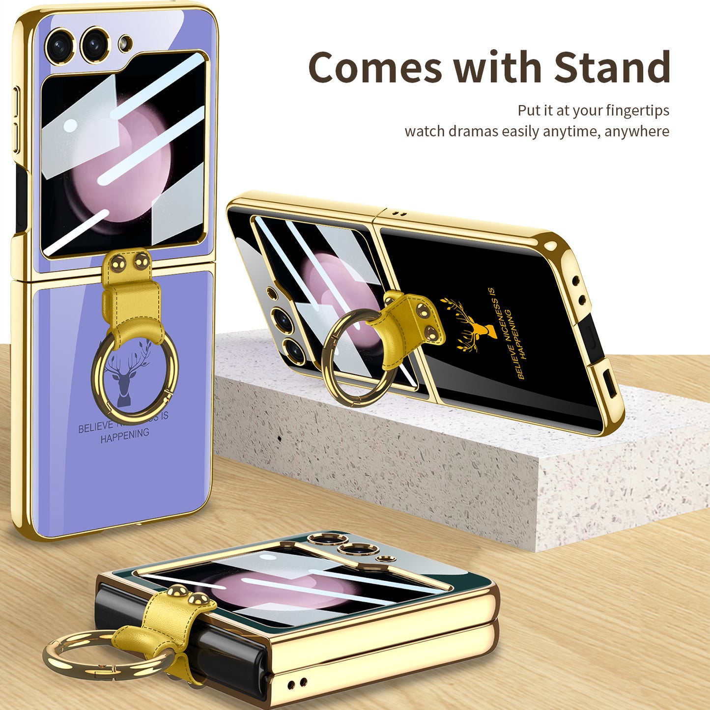 Electroplating Deer Pattern Ring Holder Drop-proof Phone Case With Back Screen Protector For Samsung Galaxy Z Flip5 - Mycasety Mycasety