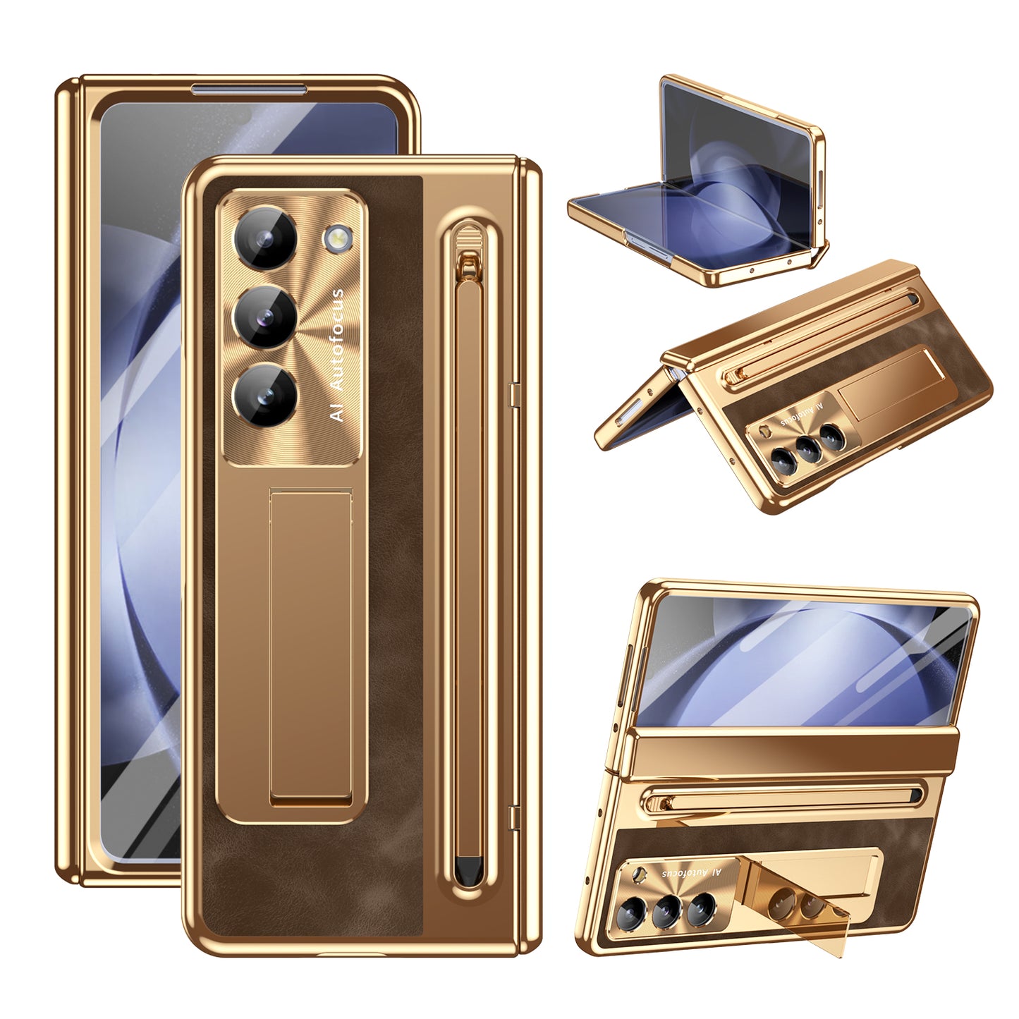 Leather Golden Electroplated Phone Case With Back Screen Glass and Stylus For Galaxy Z Fold 6/5/4