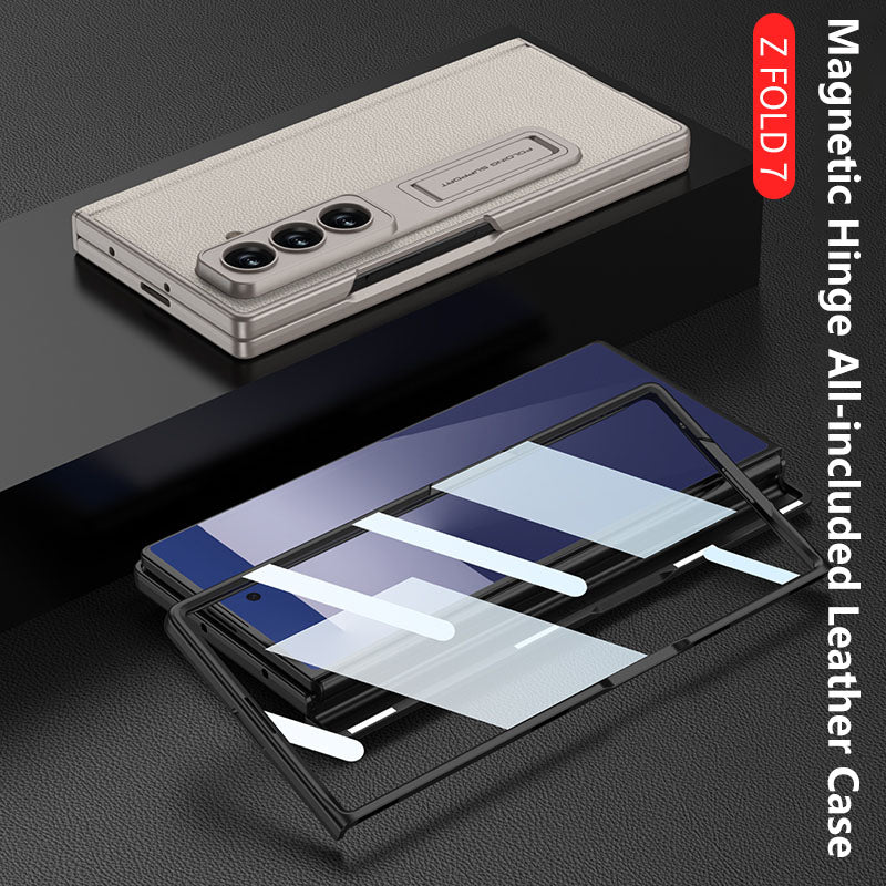 Magnetic Hinge Hidden Bracket All-included Leather Case With Back Screen Protector For Galaxy Z Fold 7