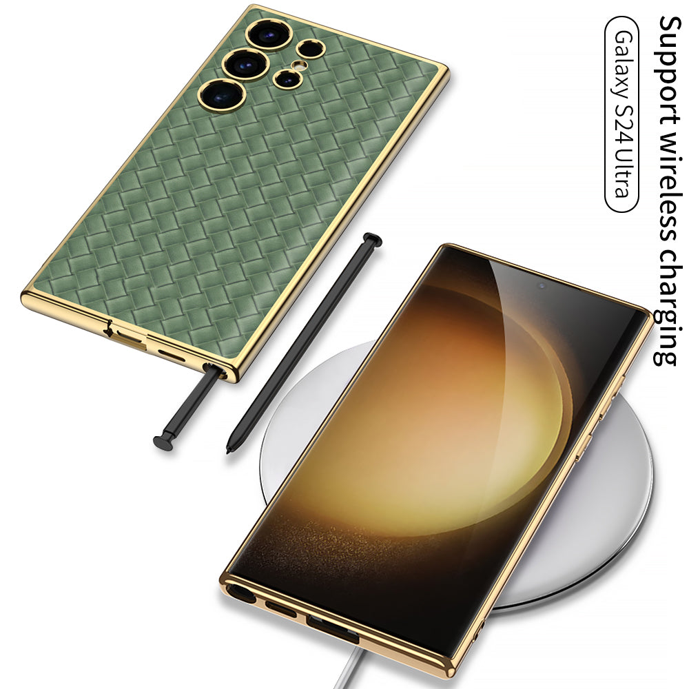 Woven Texture Electroplated Leather Phone Case For Galaxy S24 S23 Ultra Plus