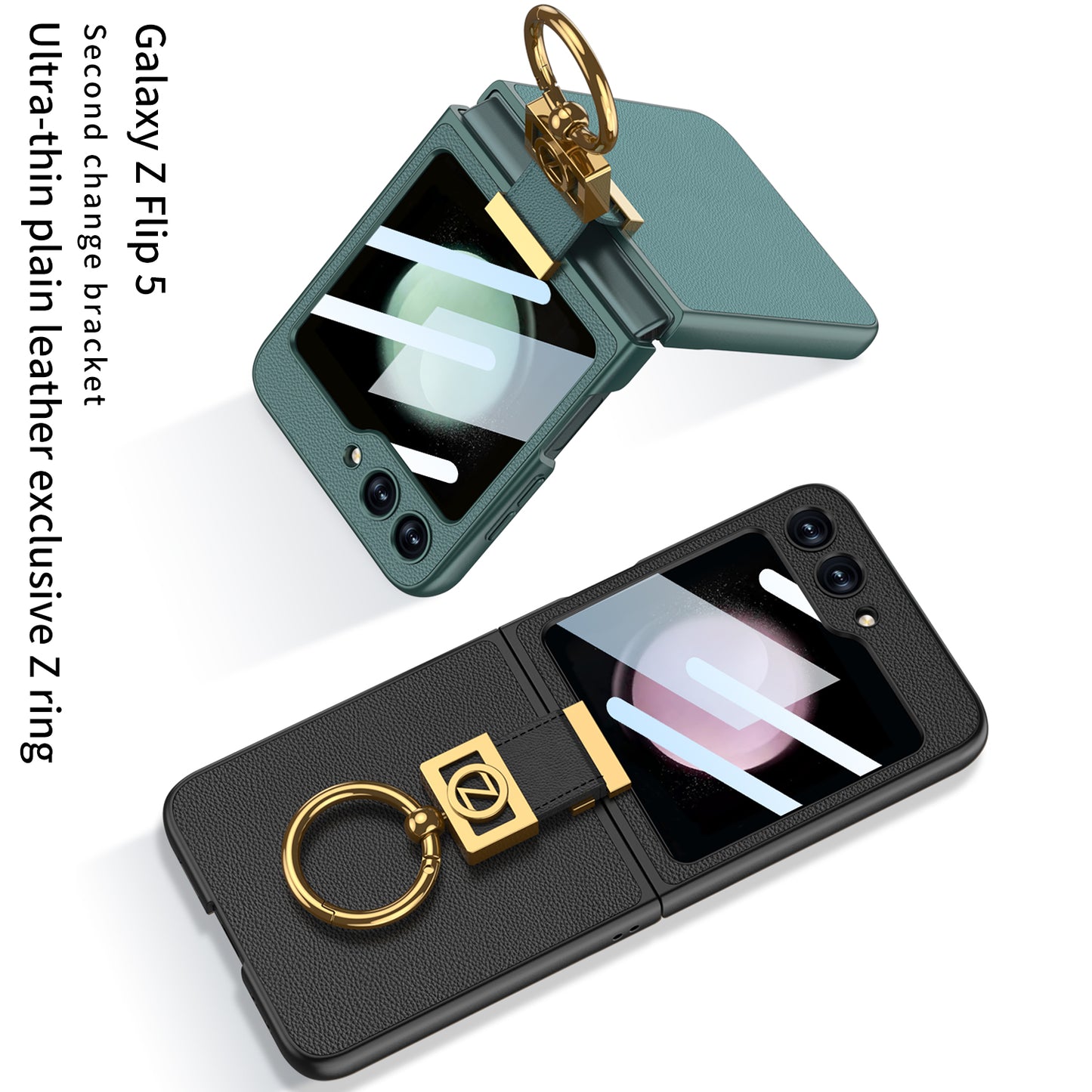 Luxury Leather Z Ring Holder Phone Case With Back Screen Protector For Samsung Galaxy Z Flip5 - Mycasety Mycasety