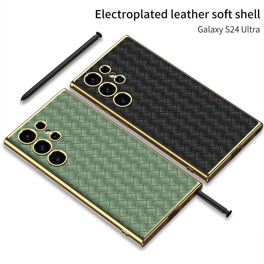 Woven Texture Electroplated Leather Phone Case For Galaxy S24 S23 Ultra Plus