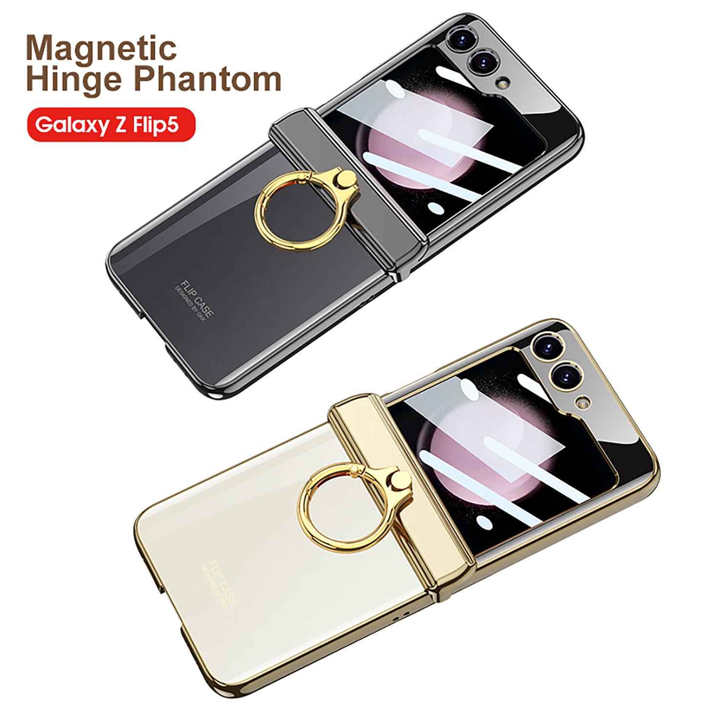 Luxurious Magnetic Hinge Electroplated Clear All-inclusive Protective Phone Case For Samsung Galaxy Z Flip5 Flip4 With Ring Holder - Mycasety Mycasety