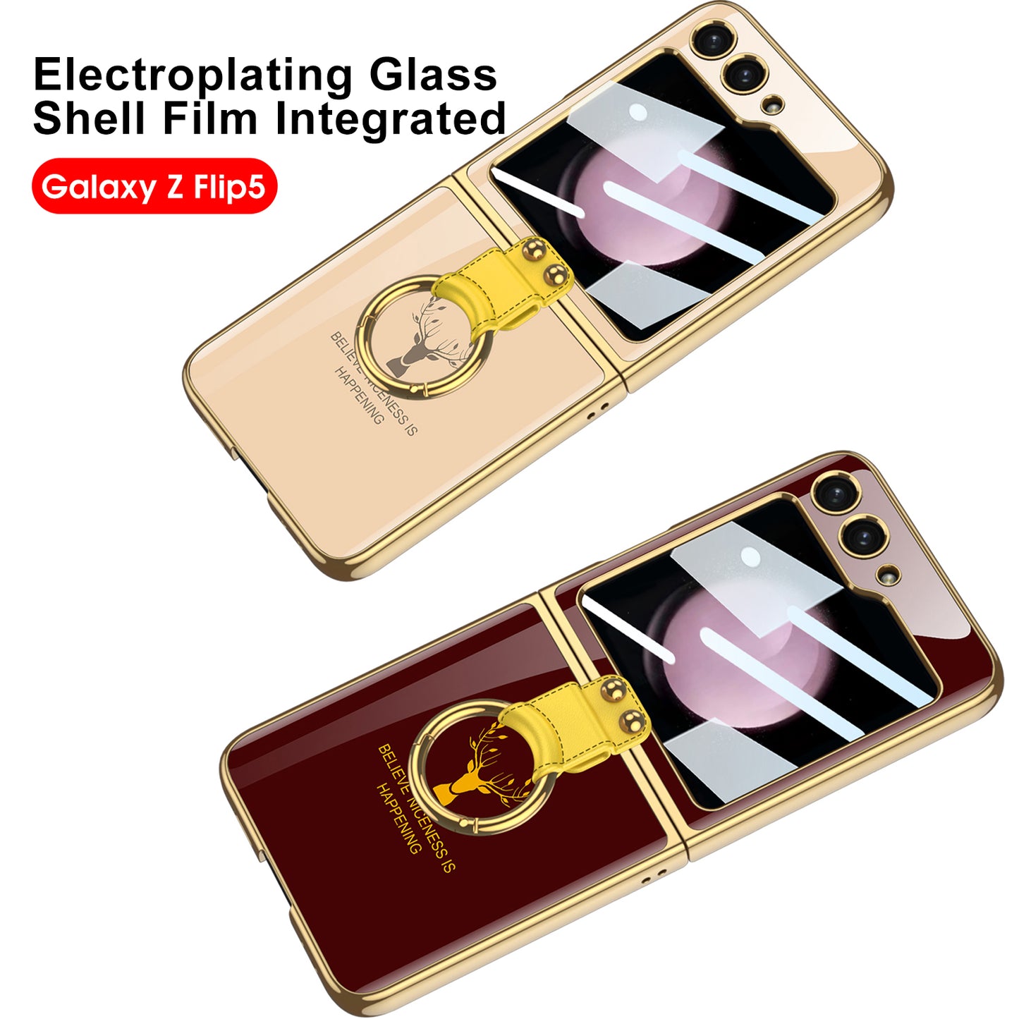 Electroplating Deer Pattern Ring Holder Drop-proof Phone Case With Back Screen Protector For Samsung Galaxy Z Flip5 - Mycasety Mycasety