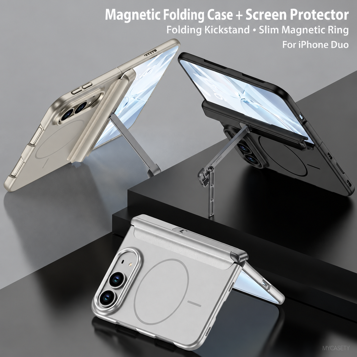 iPhone Duo - Magnetic Hinge Protection Business Cover Built-in Tempered Glass Film & Tri‑Fold Kickstand & Magnetic Ring