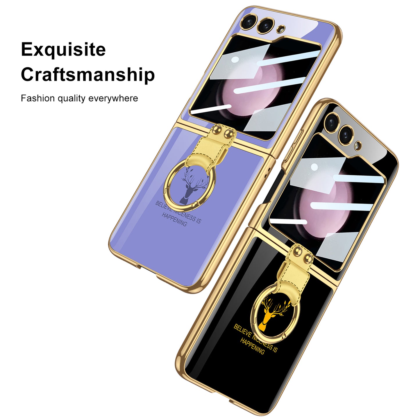 Electroplating Deer Pattern Ring Holder Drop-proof Phone Case With Back Screen Protector For Samsung Galaxy Z Flip5 - Mycasety Mycasety