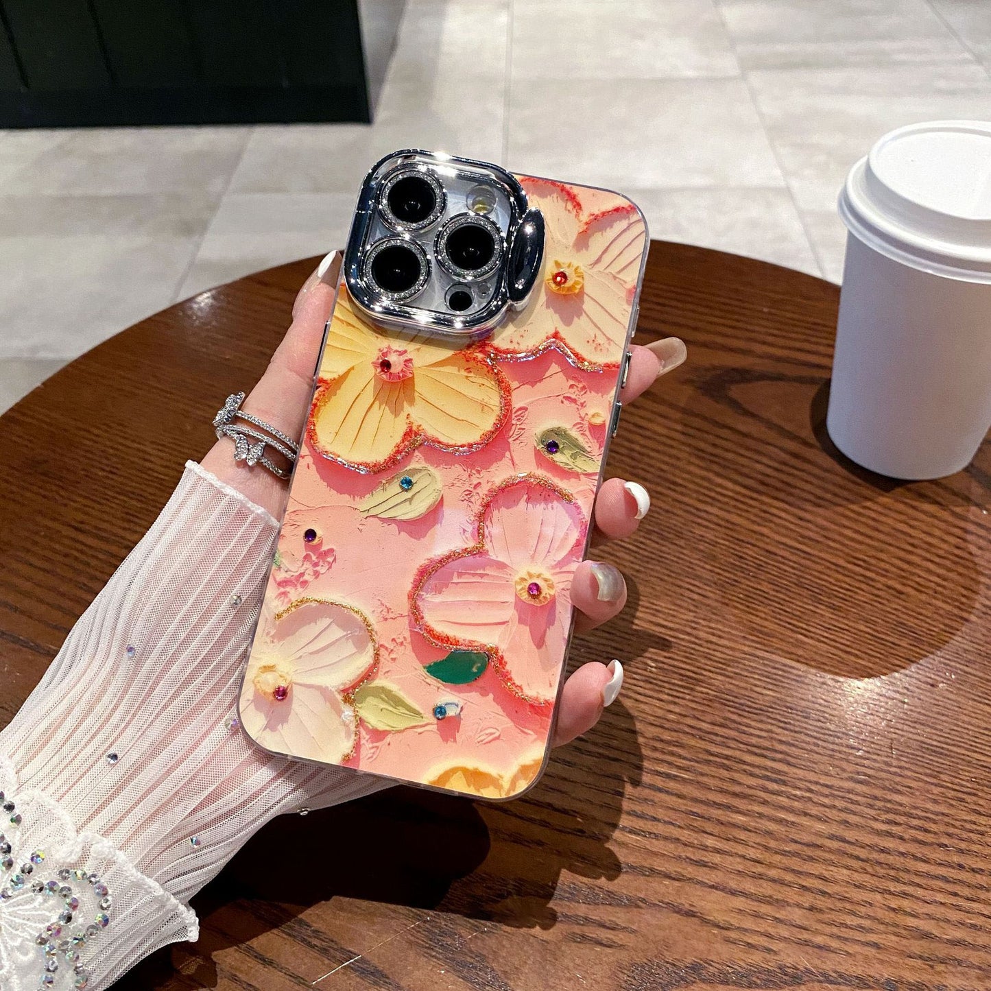 Bling Oil Painting Flower iPhone Case With Lens Protector & Holder