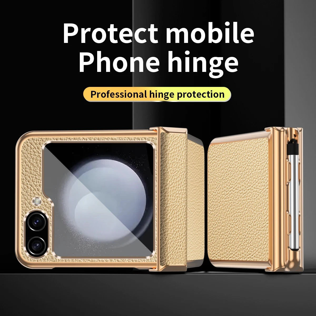 Luxury Leather Case For Samsung Galaxy Z Flip3/4/5 With Double Hinge + Retractable Stylus - Mycasety Mycasety