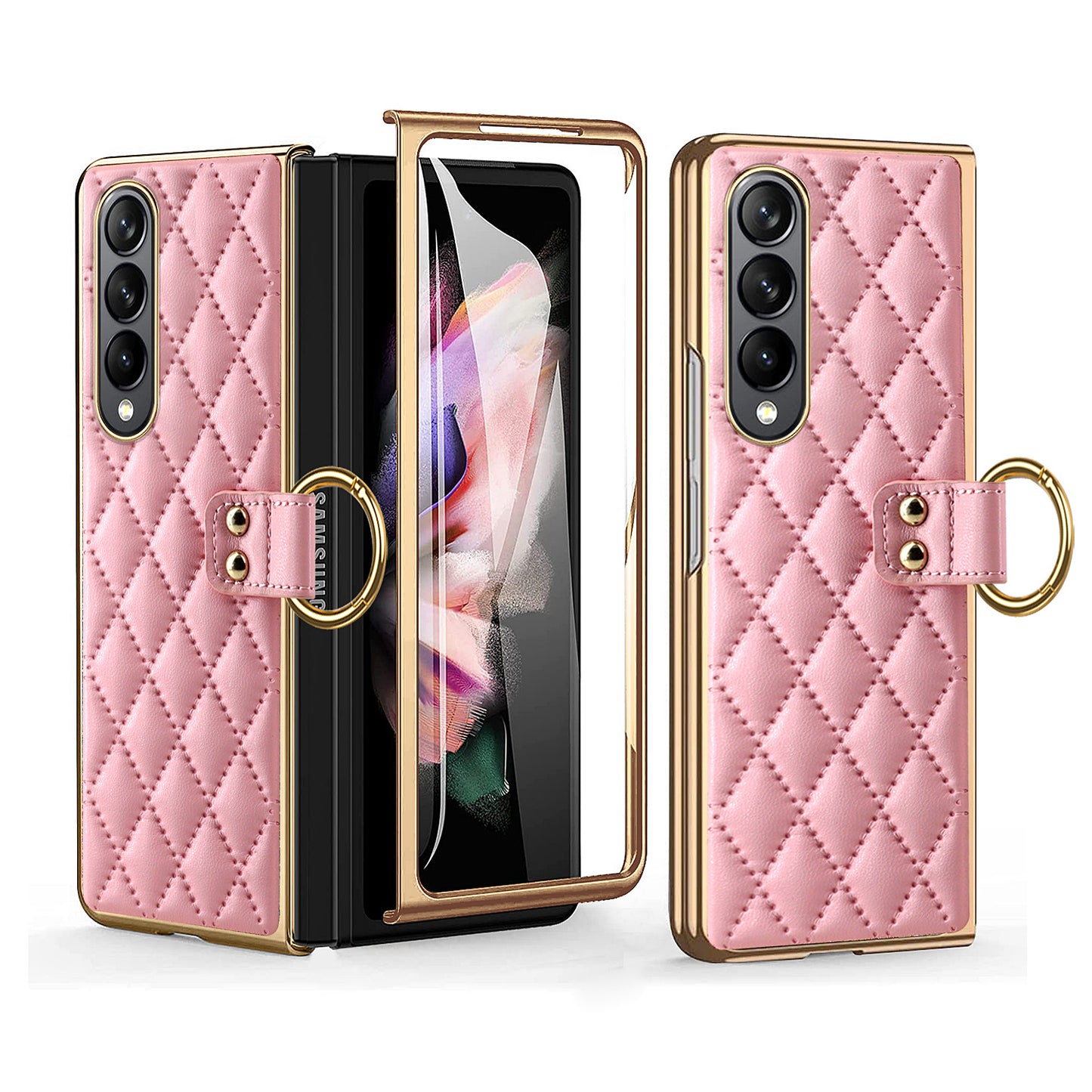 Luxurious Leather Ring Holder Protective Phone Case With Front Protection Film For Samsung Galaxy Z Fold5 Fold4 Fold3 - Mycasety Mycasety