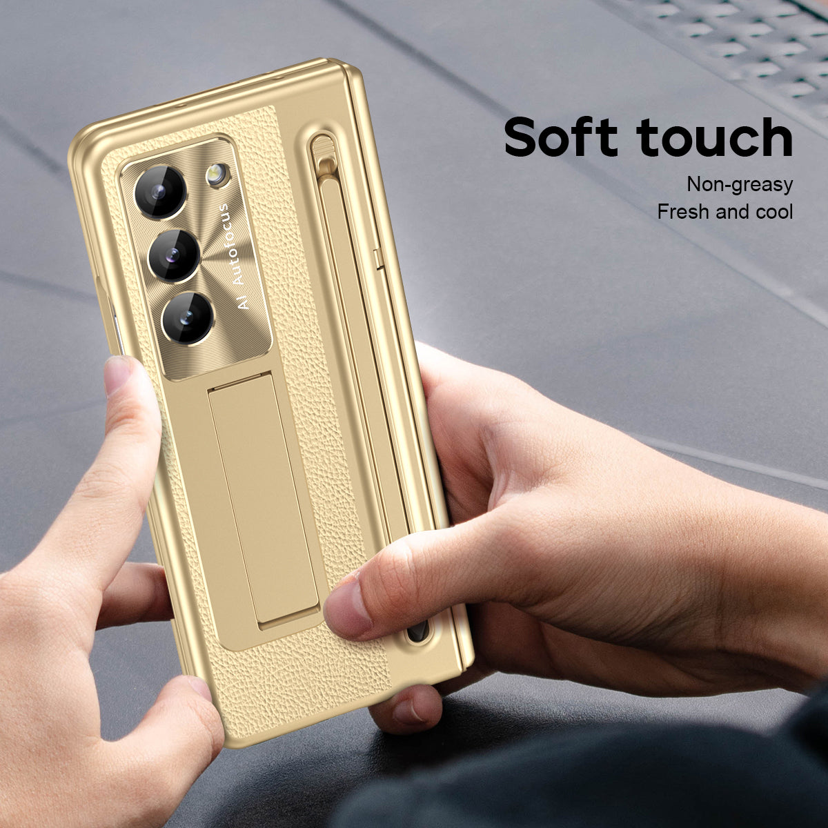 Leather Golden Electroplated Phone Case With Back Screen Glass and Stylus For Galaxy Z Fold 6/5/4