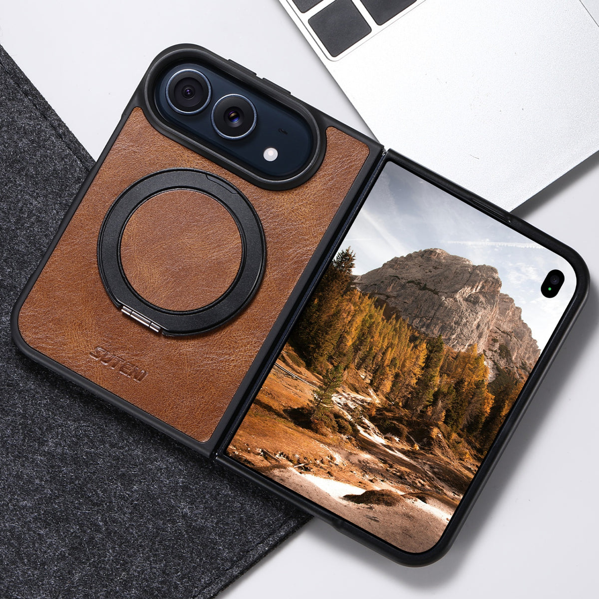 iPhone Duo | Fine-Textured Magnetic Leather Case with Folding Ring Stand