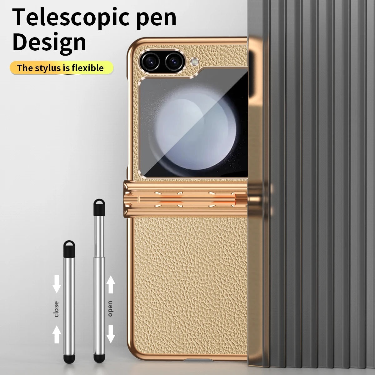 Luxury Leather Case For Samsung Galaxy Z Flip3/4/5 With Double Hinge + Retractable Stylus - Mycasety Mycasety