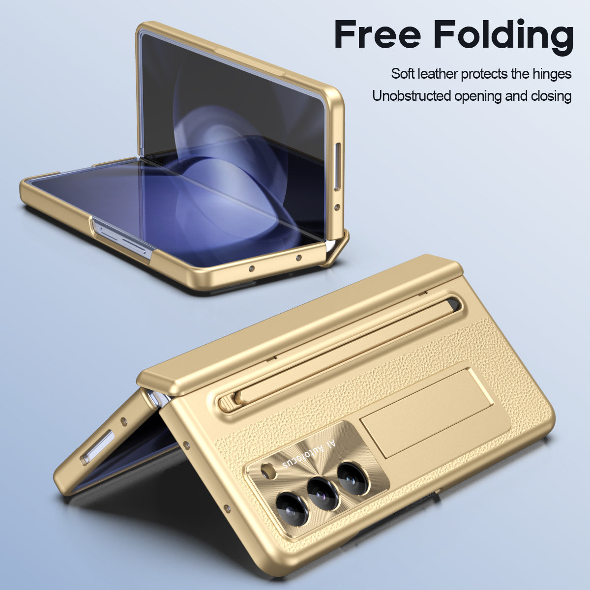 Leather Golden Electroplated Phone Case With Back Screen Glass and Stylus For Galaxy Z Fold 6/5/4