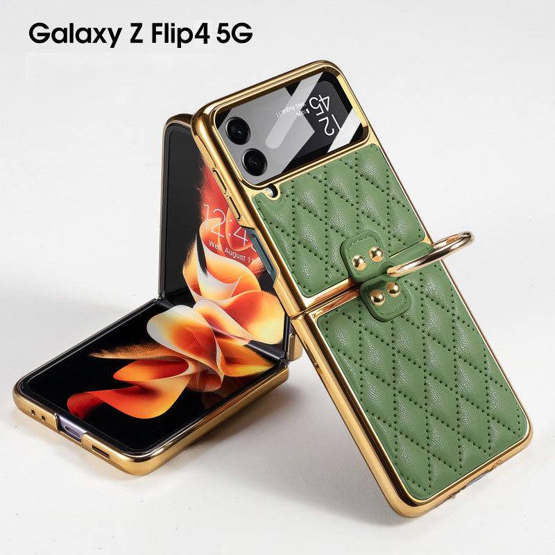 Luxurious Diamond Leather Electroplating Protective Phone Case With Front Protection Film For Samsung Galaxy Z Flip5 Flip4 Flip3 - Mycasety Mycasety
