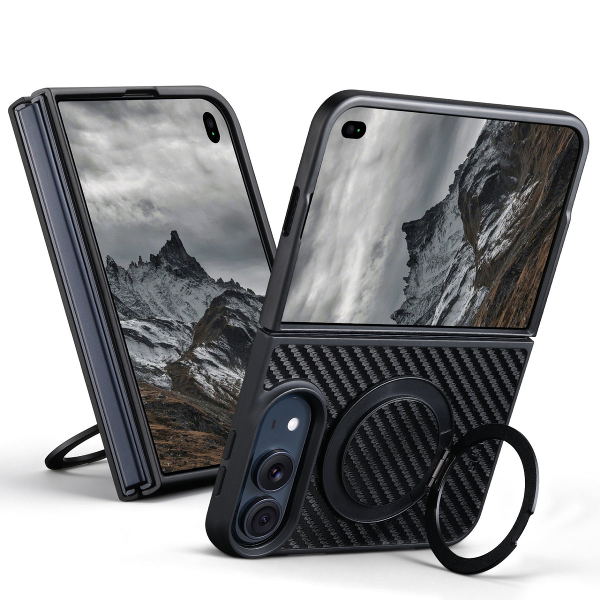 iPhone Duo | Carbon-Pattern Magnetic Leather Case with 360° Ring Stand