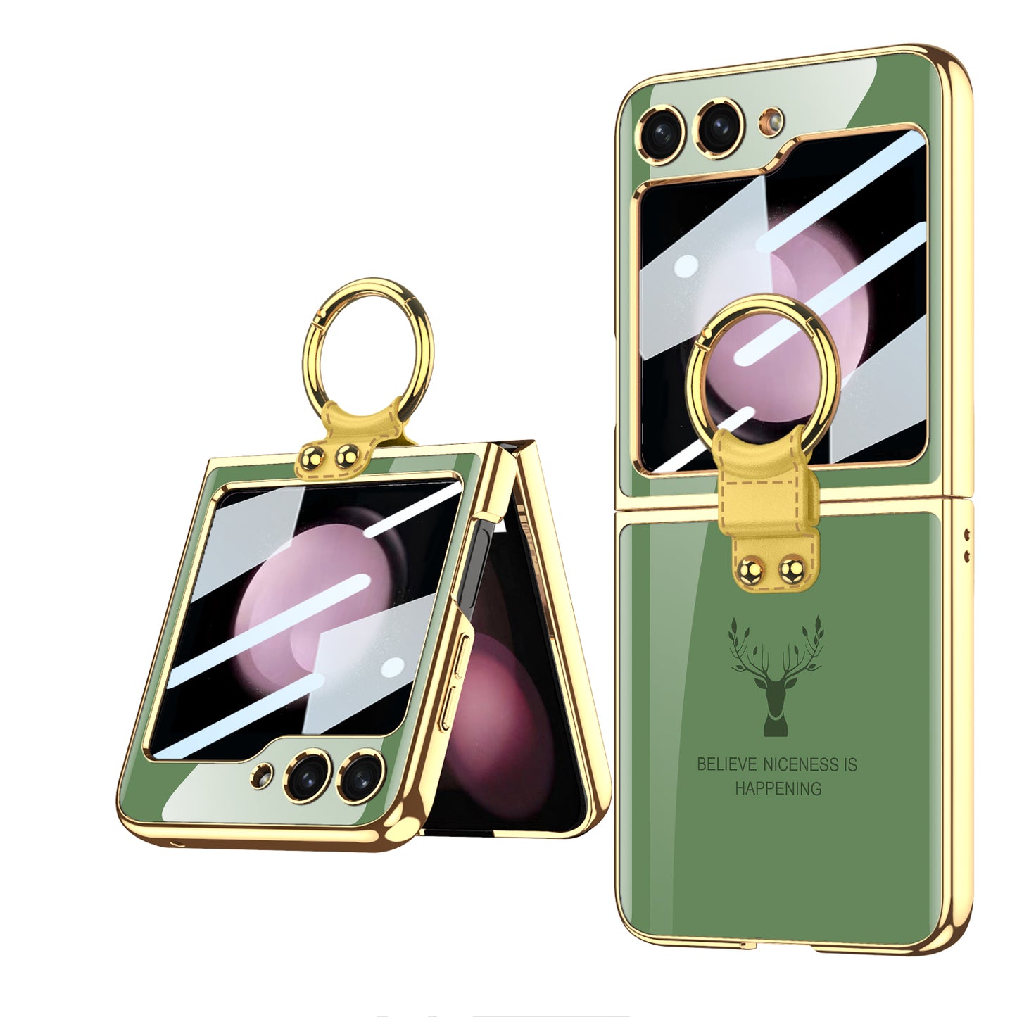 Electroplating Deer Pattern Ring Holder Drop-proof Phone Case With Back Screen Protector For Samsung Galaxy Z Flip5 - Mycasety Mycasety