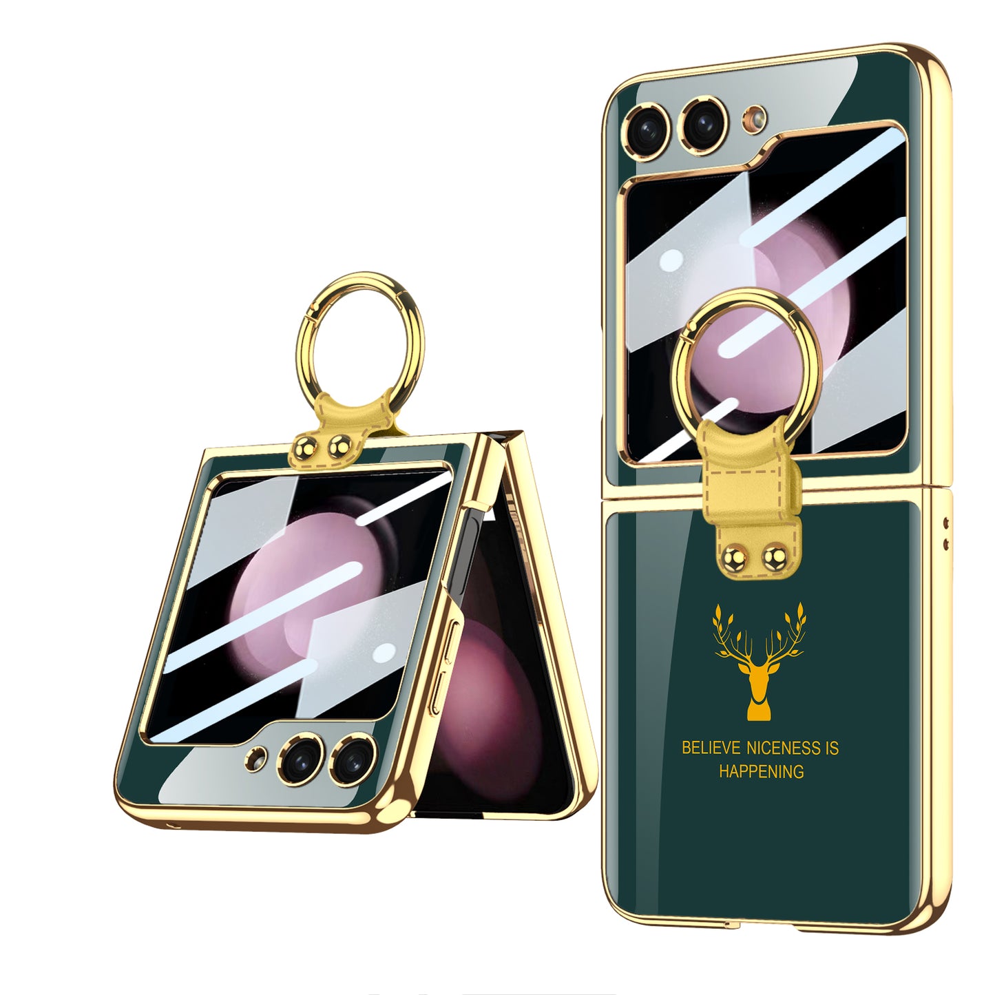 Electroplating Deer Pattern Ring Holder Drop-proof Phone Case With Back Screen Protector For Samsung Galaxy Z Flip5 - Mycasety Mycasety