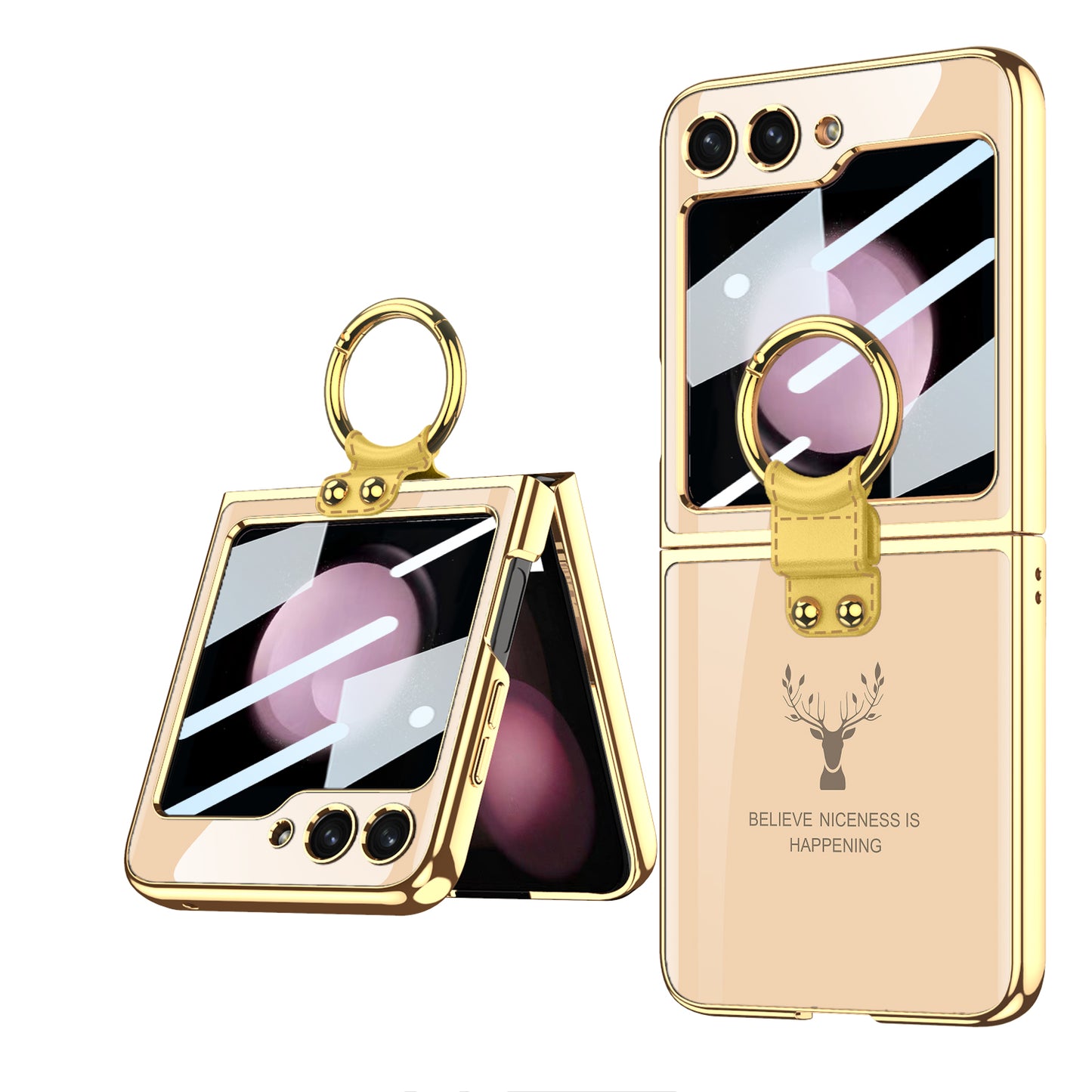Electroplating Deer Pattern Ring Holder Drop-proof Phone Case With Back Screen Protector For Samsung Galaxy Z Flip5 - Mycasety Mycasety