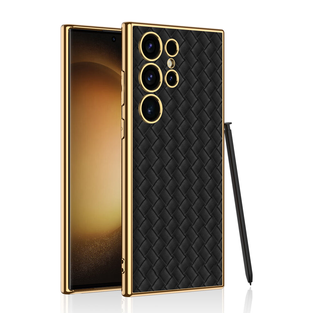Woven Texture Electroplated Leather Phone Case For Galaxy S24 S23 Ultra Plus