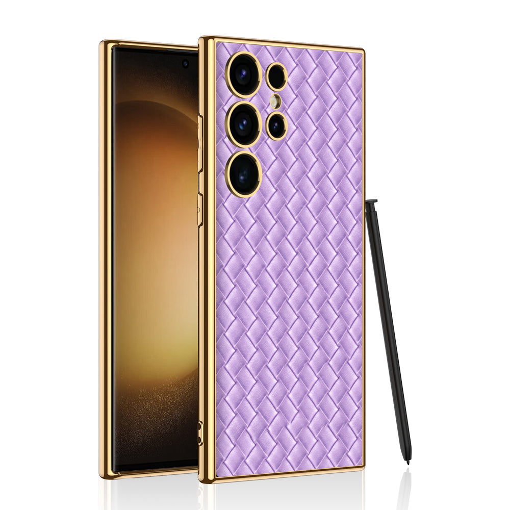 Woven Texture Electroplated Leather Phone Case For Galaxy S24 S23 Ultra Plus