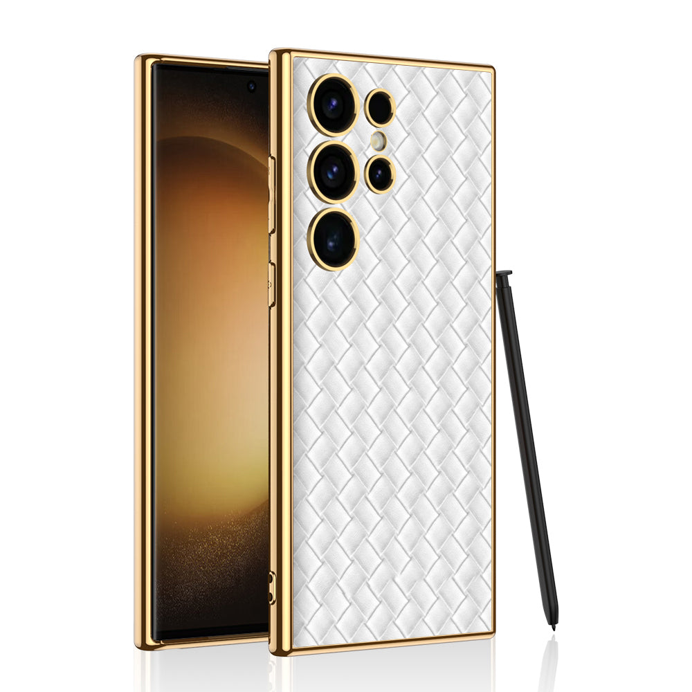 Woven Texture Electroplated Leather Phone Case For Galaxy S24 S23 Ultra Plus