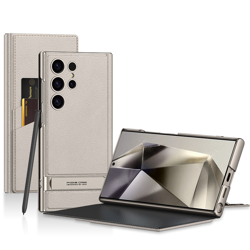 Leather Electroplated Protective Cover With Invisible Holder For Samsung Galaxy S24 S23 Ultra - Mycasety Mycasety