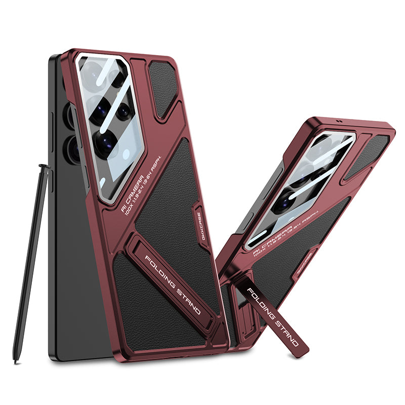 Full Lens Protection Leather Phone Case With Holder For Galaxy S25 S24 S23 Ultra