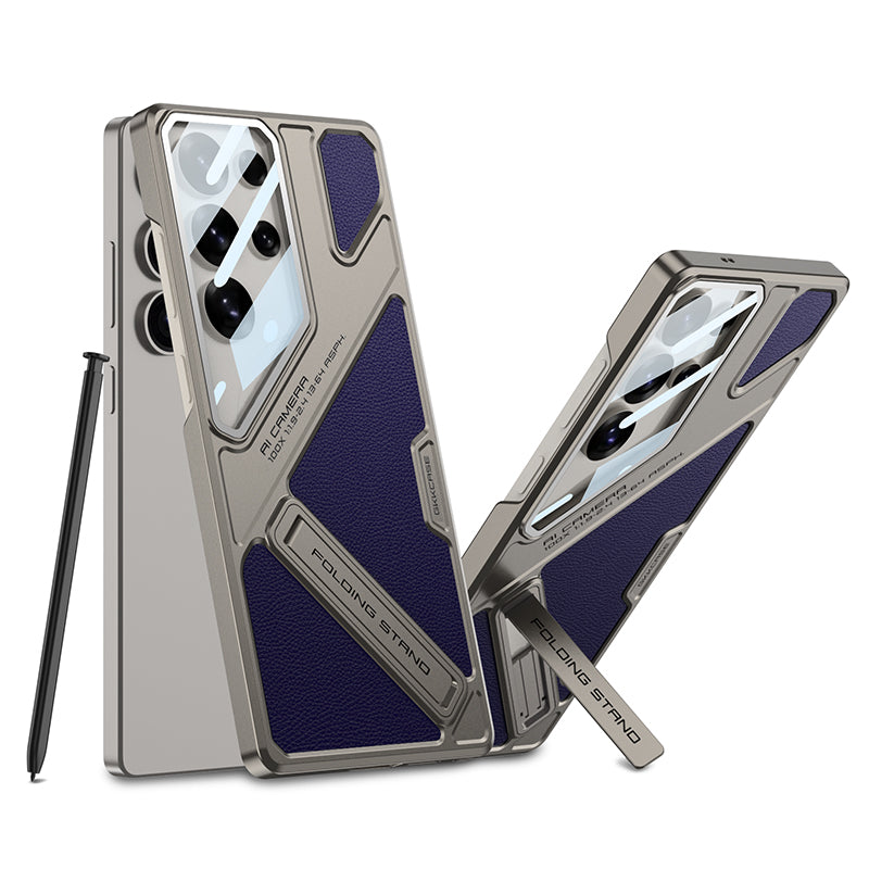 Full Lens Protection Leather Phone Case With Holder For Galaxy S25 S24 S23 Ultra