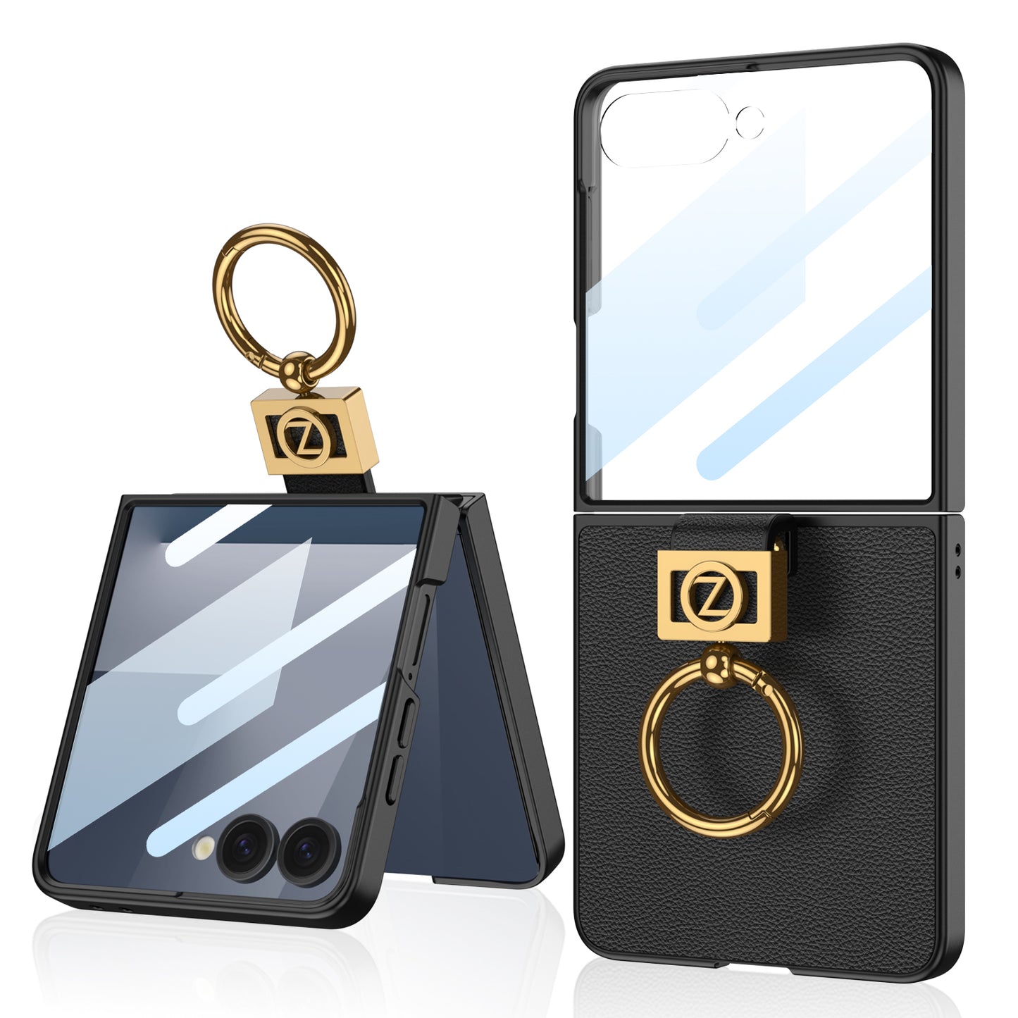 Luxury Leather Z Ring Holder Phone Case With Back Screen Protector For Galaxy Z Flip 7