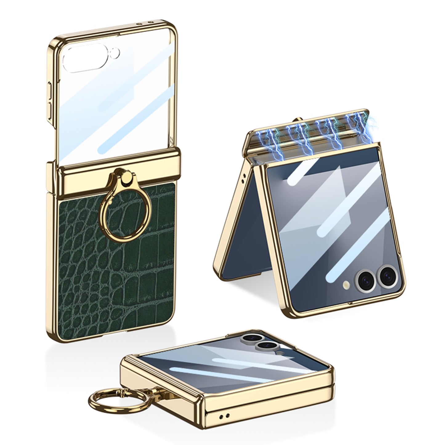 Electroplated Leather Magnetic Hinge Ring Holder Case For Galaxy Z Flip 7/6/5/4 With Front Protection Film