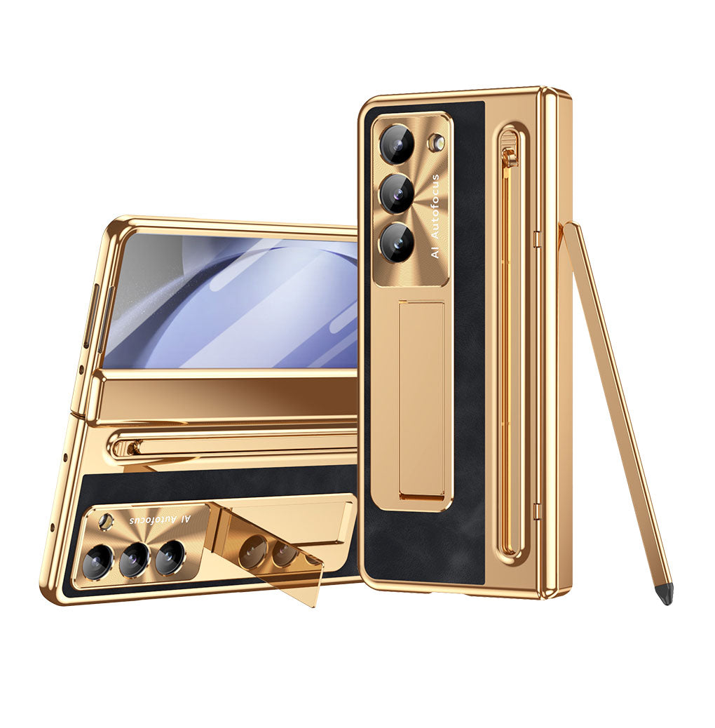 Leather Golden Electroplated Phone Case With Back Screen Glass and Stylus For Galaxy Z Fold 6/5/4