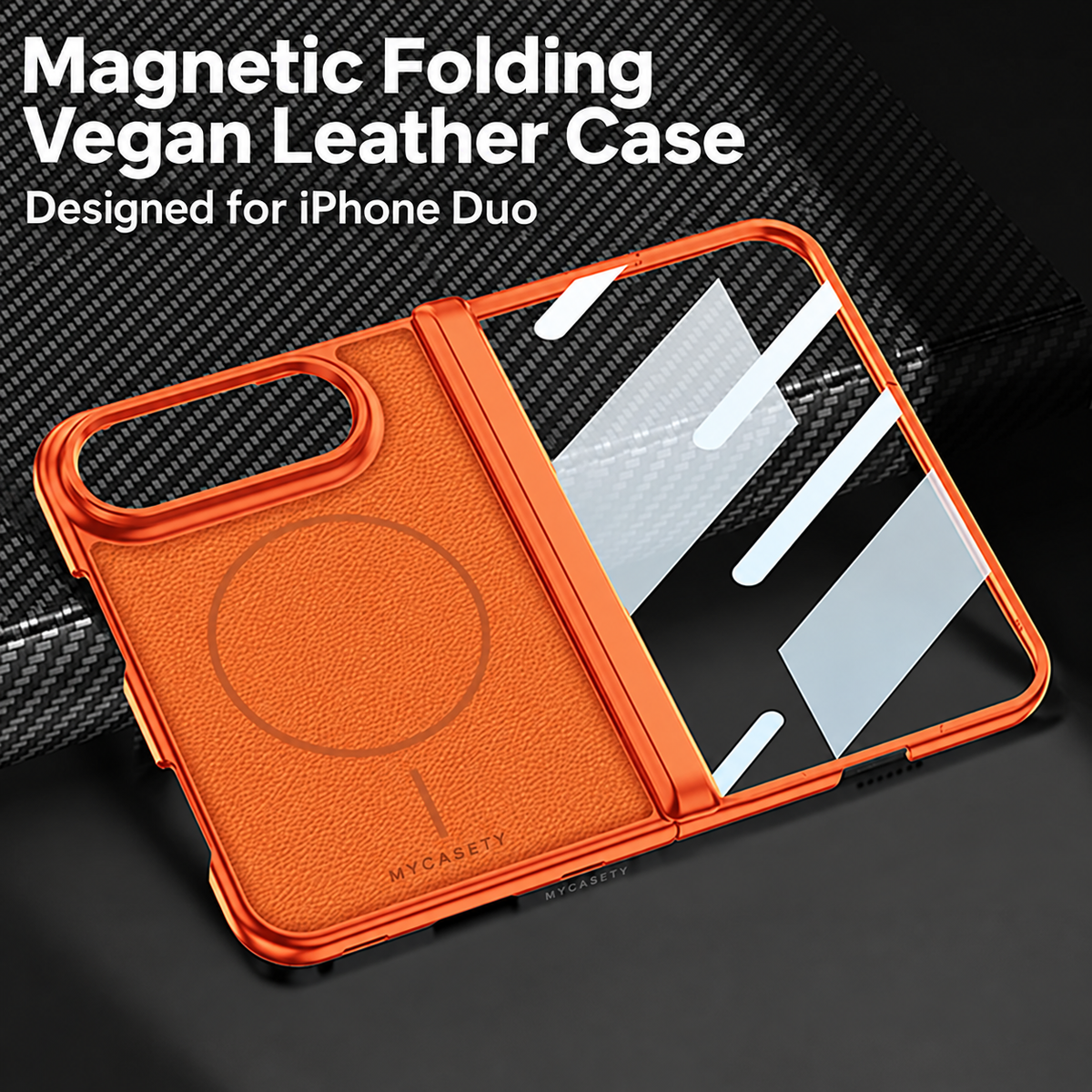 iPhone Duo - Magnetic Hinge Protection Leather Cover Built-in Tempered Glass Film & Magnetic Ring