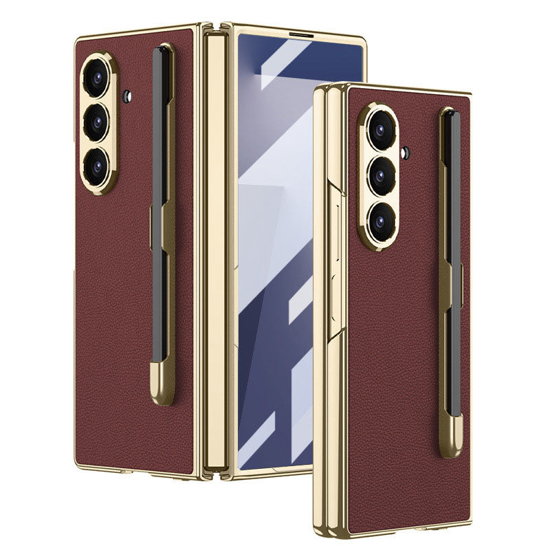 Business-style Electroplated Leather Phone Case With Pen Slot & Stylus For Galaxy Z Fold 7/6/5/4