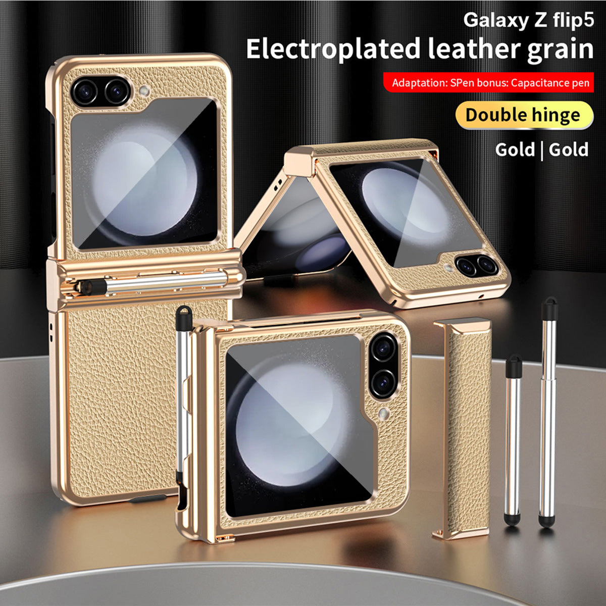 Luxury Leather Case For Samsung Galaxy Z Flip3/4/5 With Double Hinge + Retractable Stylus - Mycasety Mycasety