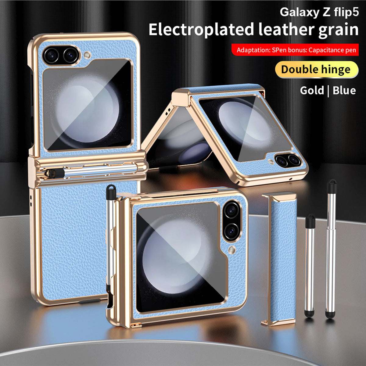 Luxury Leather Case For Samsung Galaxy Z Flip3/4/5 With Double Hinge + Retractable Stylus - Mycasety Mycasety