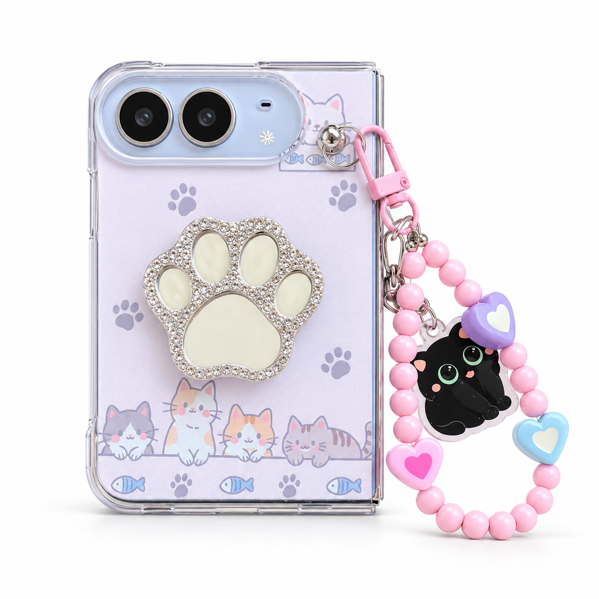 iPhone Duo | Dreamy Kitten Floral Phone Case with Beaded Wrist Strap & Cat Holder