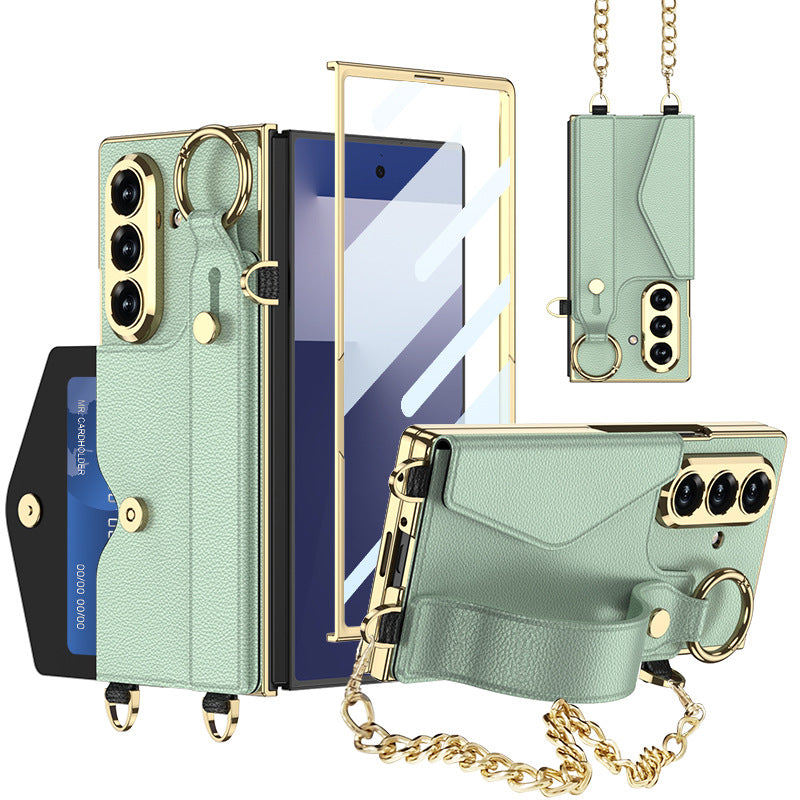 Luxurious Leather Phone Cover With Metal Chain & Wristband For Galaxy Z Fold 7/6