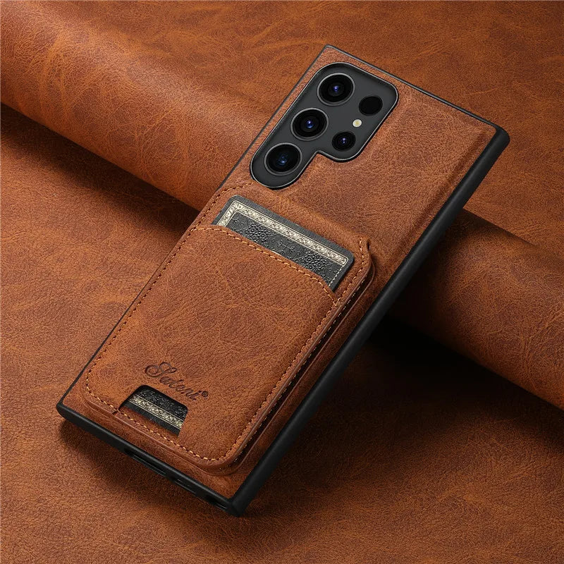 Magnetic Anti-fall Leather Phone Case With Card Holder For Galaxy