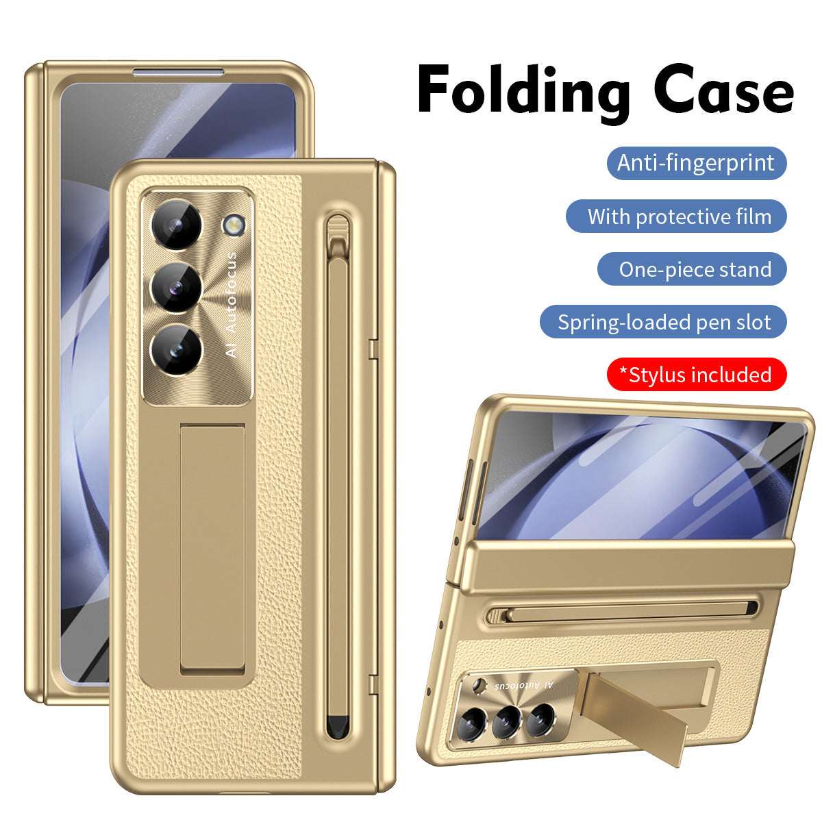 Leather Golden Electroplated Phone Case With Back Screen Glass and Stylus For Galaxy Z Fold 6/5/4