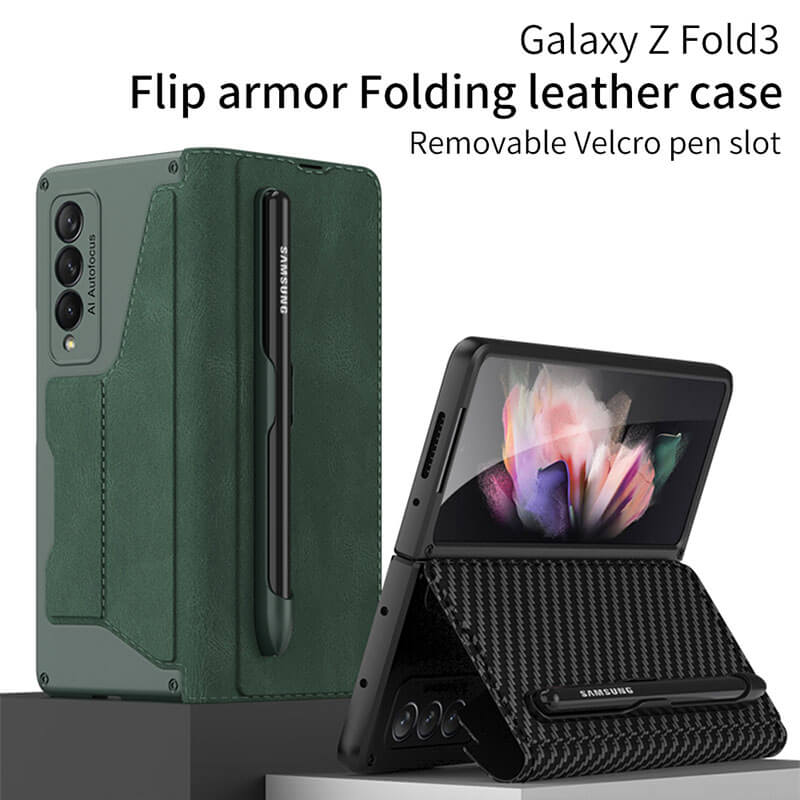 Leather Pen Holder Armor Back Case For Samsung Galaxy Z Fold3 Fold4 5G - Mycasety Mycasety