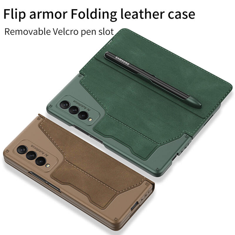 Leather Pen Holder Armor Back Case For Samsung Galaxy Z Fold3 Fold4 5G - Mycasety Mycasety