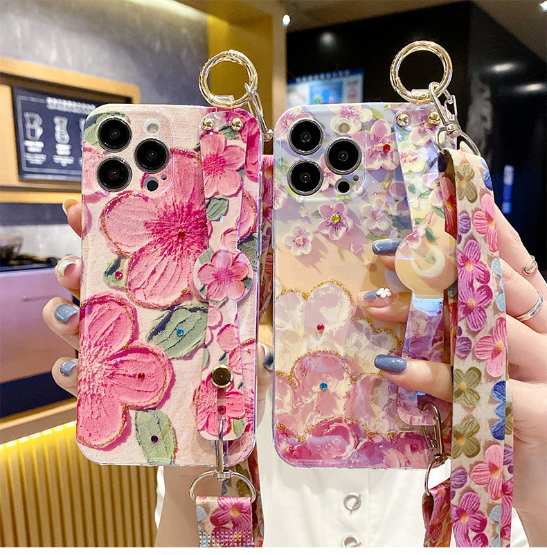 New Oil Painting Flower Wristband iPhone Case with Messenger Rope - Mycasety Mycasety