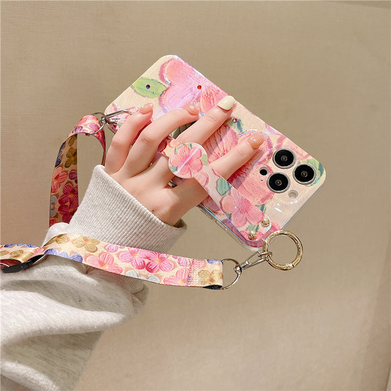 New Oil Painting Flower Wristband iPhone Case with Messenger Rope - Mycasety Mycasety