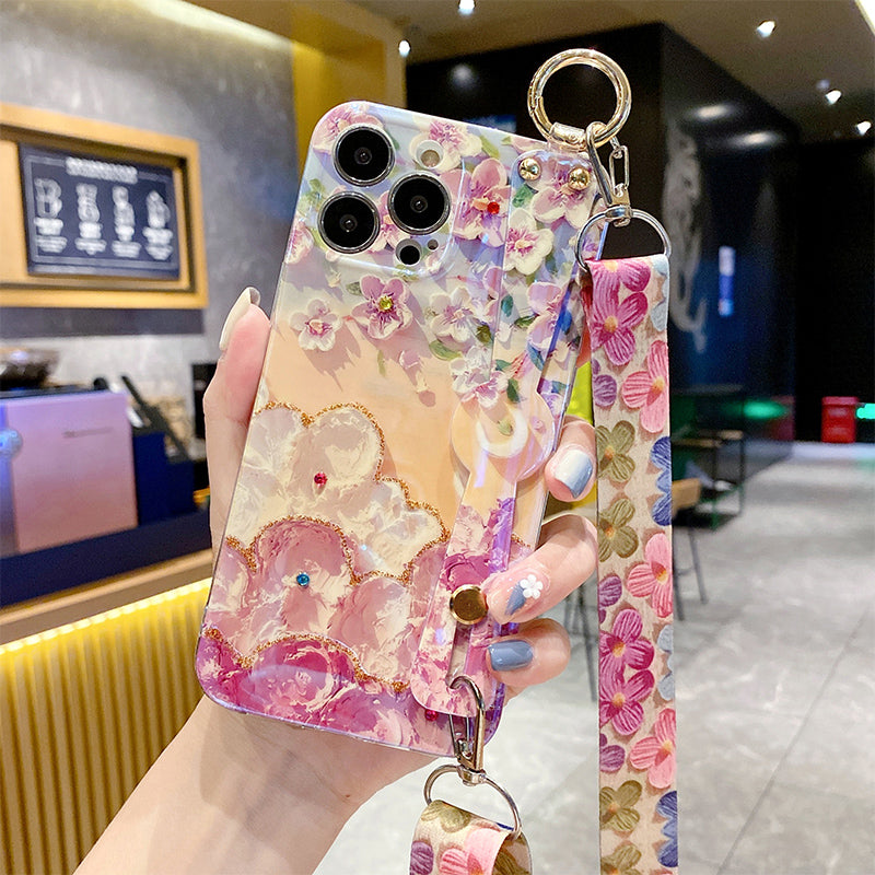 New Oil Painting Flower Wristband iPhone Case with Messenger Rope - Mycasety Mycasety