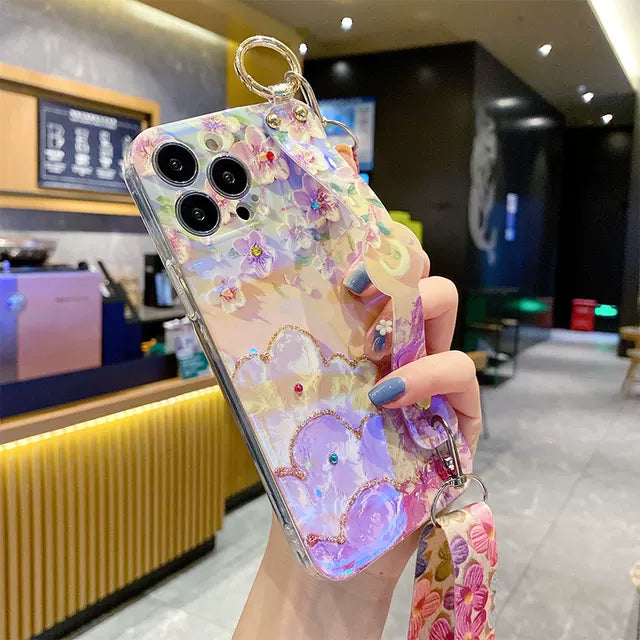New Oil Painting Flower Wristband iPhone Case with Messenger Rope - Mycasety Mycasety