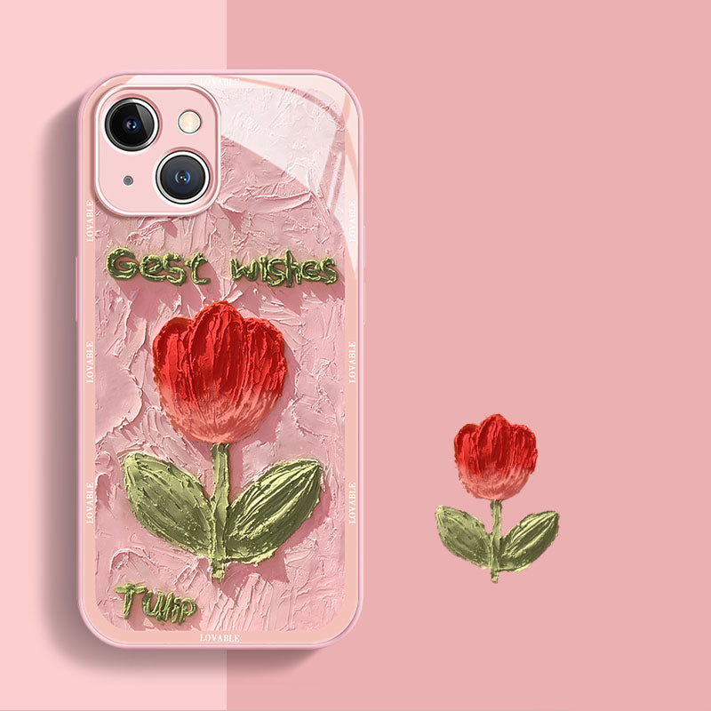 Oil Painting Tulip Liquid Glass iPhone Case - Mycasety Mycasety